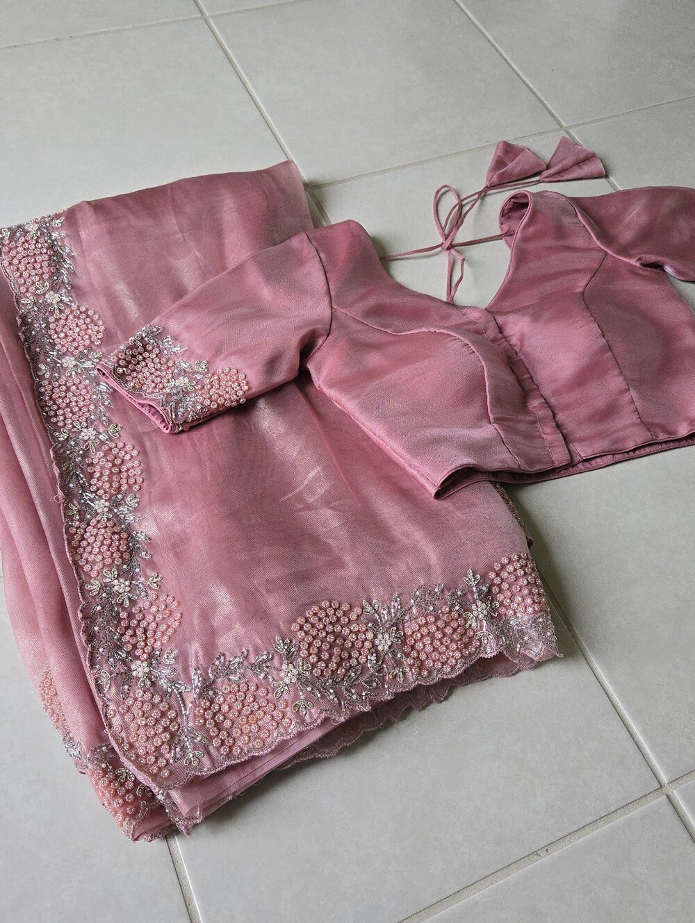 3 Pc Ready to Wear M Modern Soft Organza Saree Shiny Pink Stitched Blouse